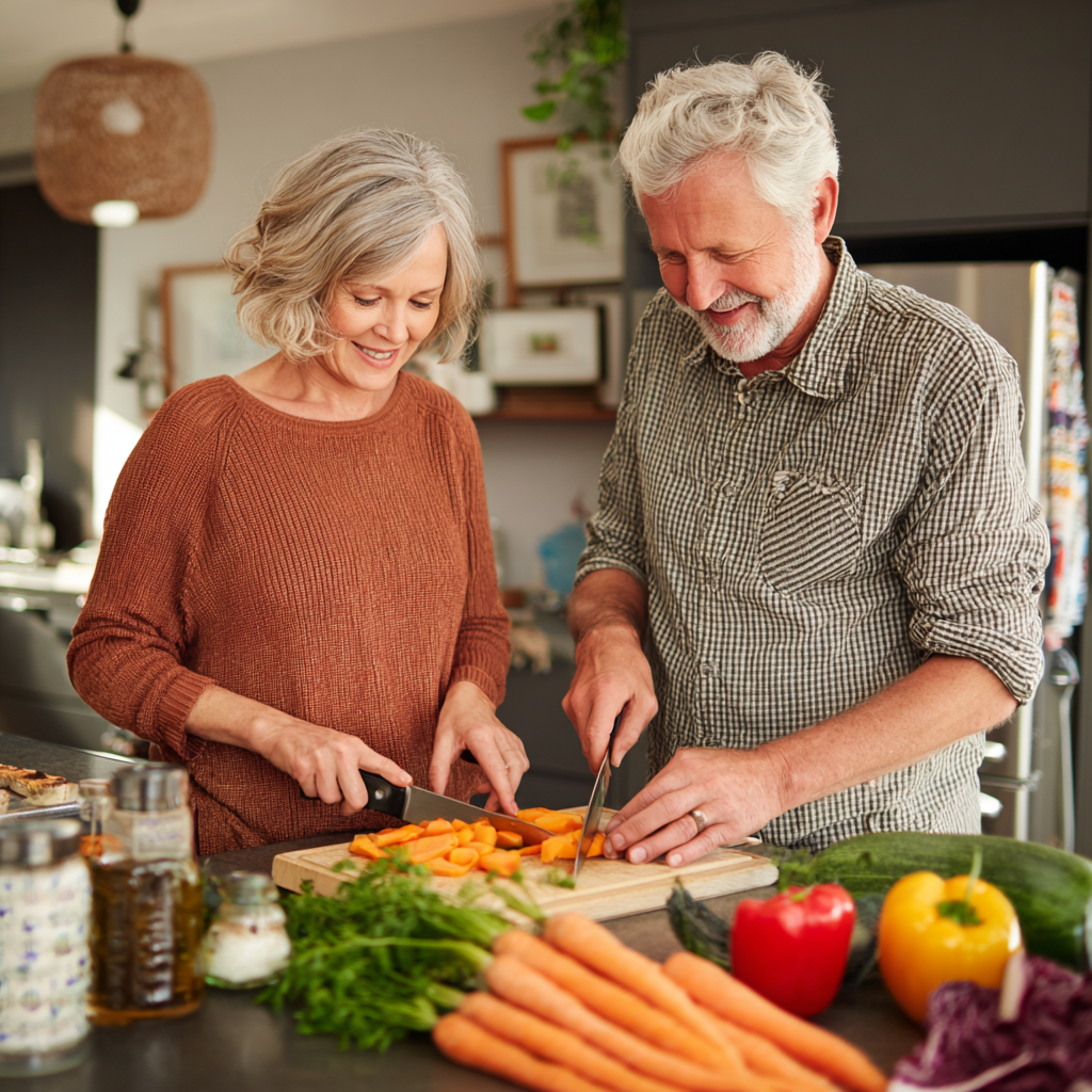 Mature couple preparing nutritious meal together in modern kitchen