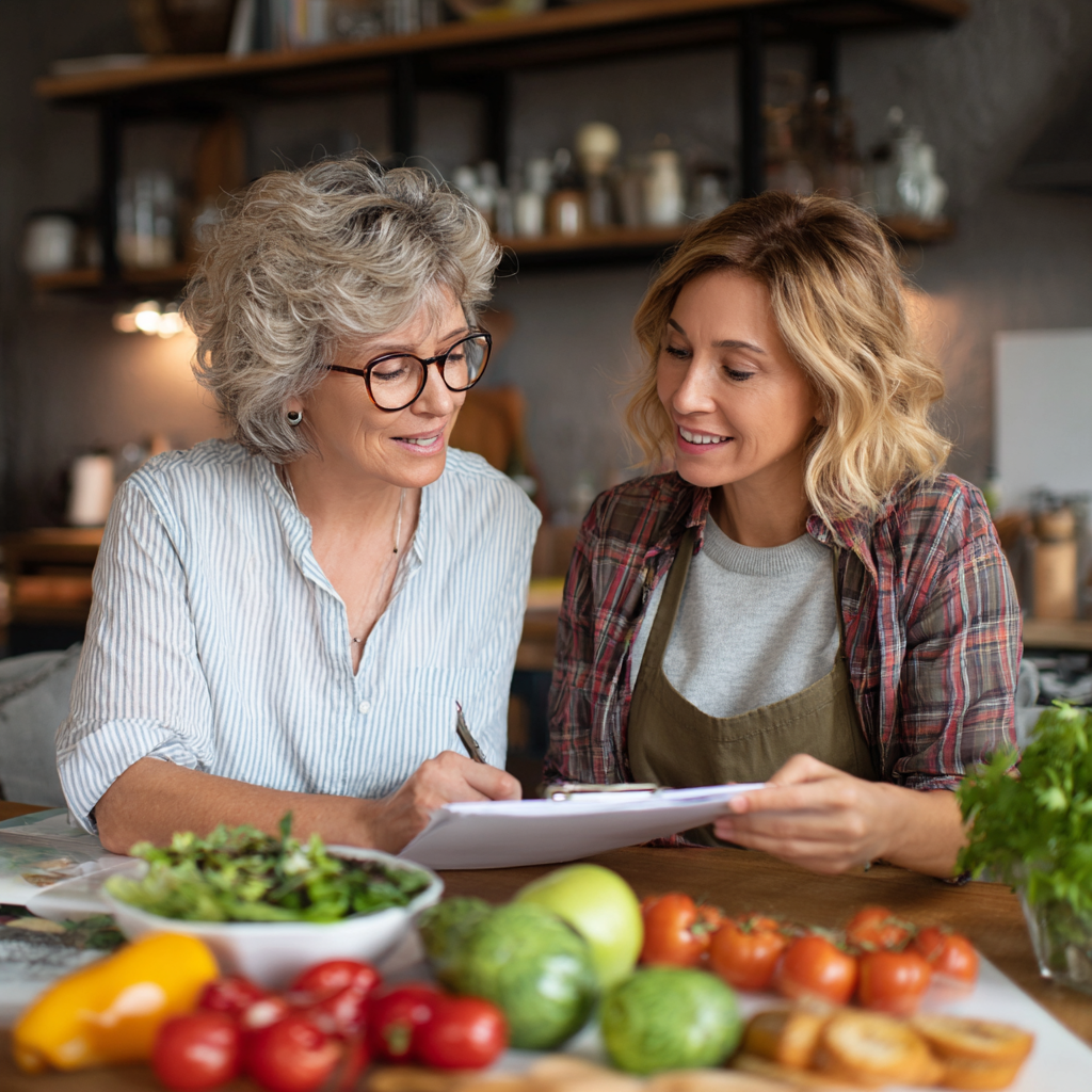 Middle-aged woman consulting with nutrition specialist about healthy meal planning